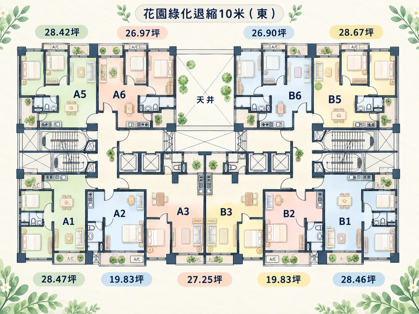 智匯學社區標準層十戶配置圖，含上方中央天井、戶別與坪數